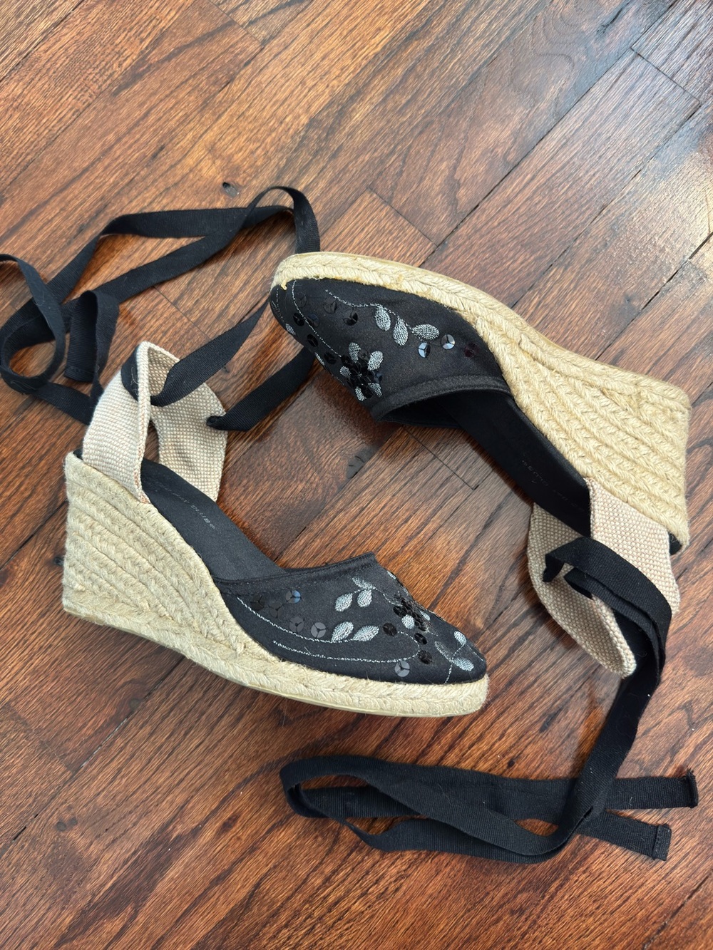Black Embroidered Espadrille Wedge Sandals with Ankle Tie